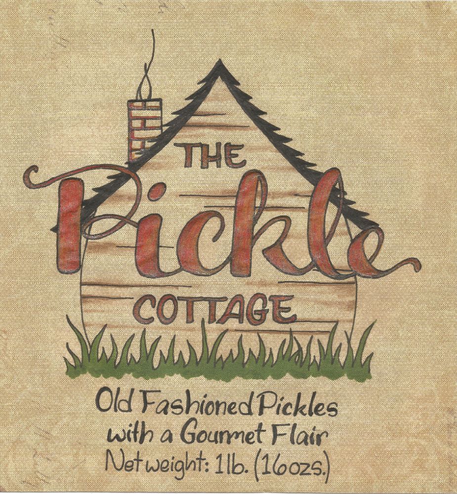 The Pickle Cottage Logo (cottage painted on burlap)